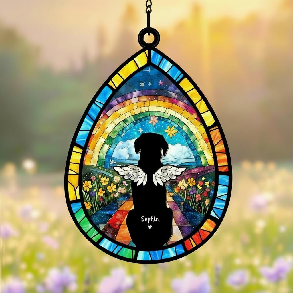 Custom Dog Rainbow Bridge Suncatcher, Personalized Dog Loss Sympathy Gift, Teardrop Dog Memorial Suncatcher, Puppy Loss Gift,Pet Memorial