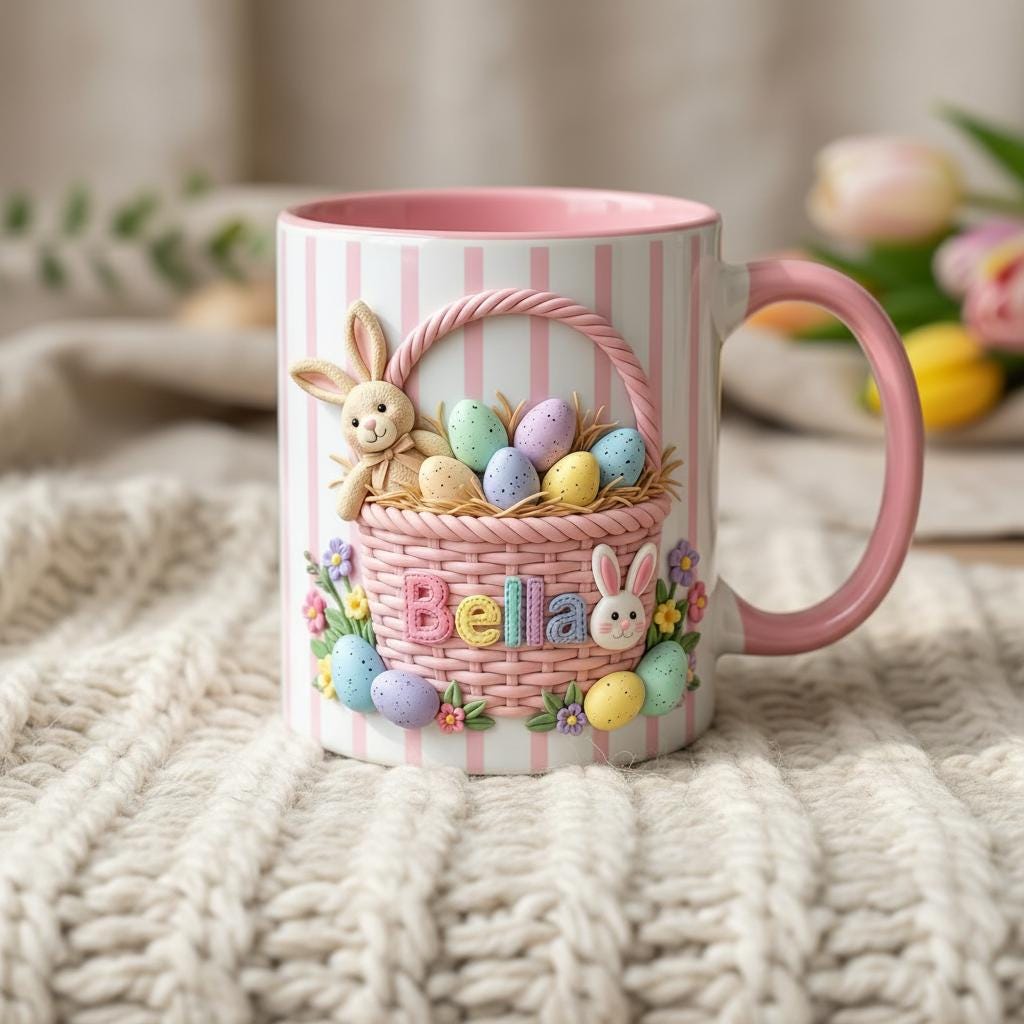 Personalized Bunny Easter Basket Mug, Custom Name Easter Eggs Coffee Mugs, Rabbit Easter Day Cup - image 2