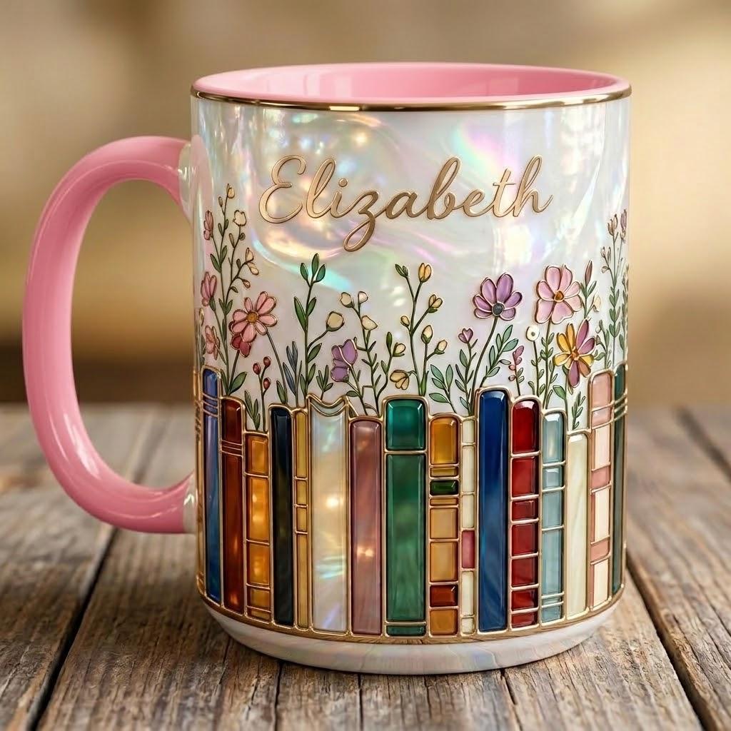 Personalized Floral Bookshelf Faux Stained-Glass Style  Mug, Book Lover Gift, 2D Flat Ceramic Mug