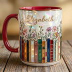 Personalized Floral Bookshelf Faux Stained-Glass Style  Mug, Book Lover Gift, 2D Flat Ceramic Mug - image 2