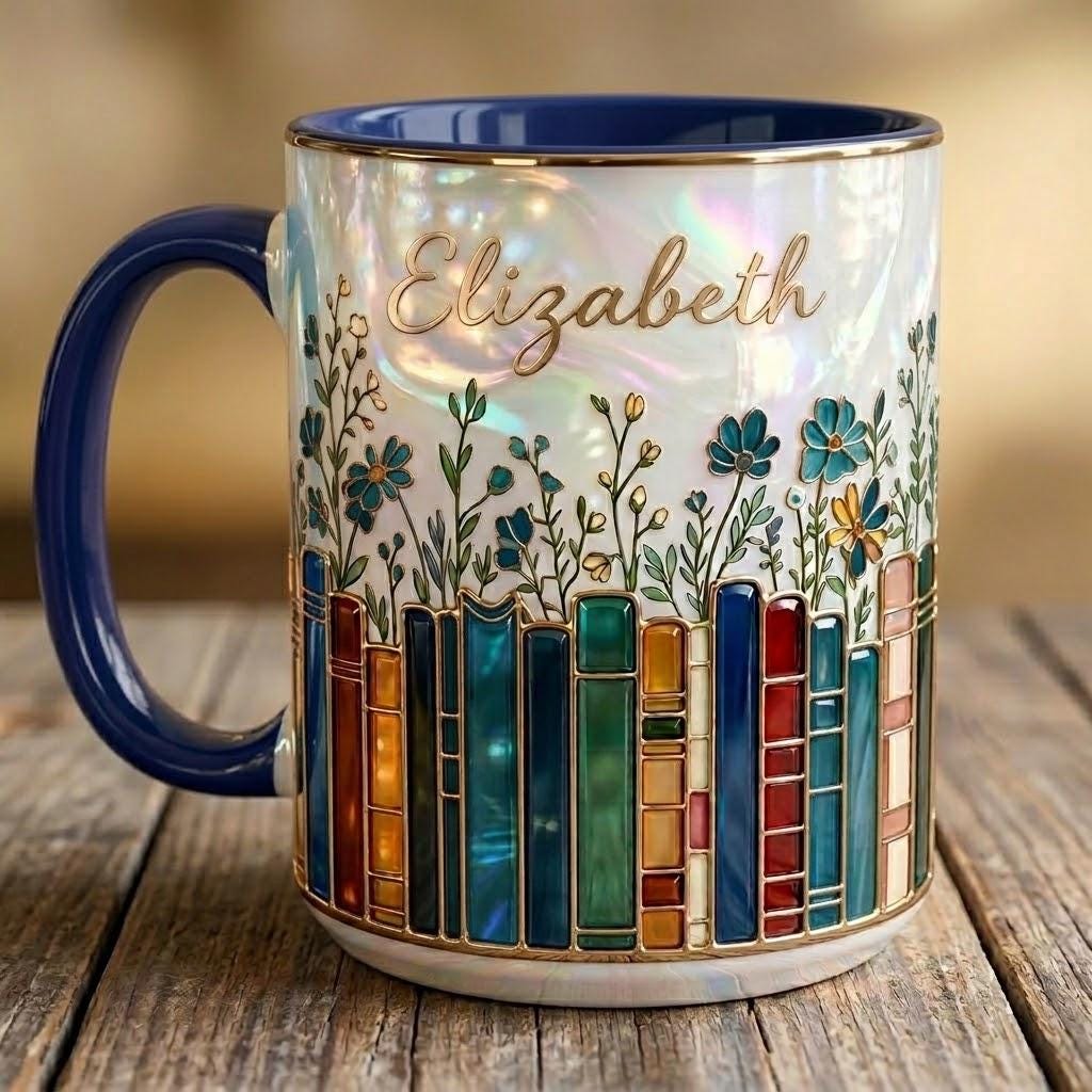 Personalized Floral Bookshelf Faux Stained-Glass Style  Mug, Book Lover Gift, 2D Flat Ceramic Mug - image 4
