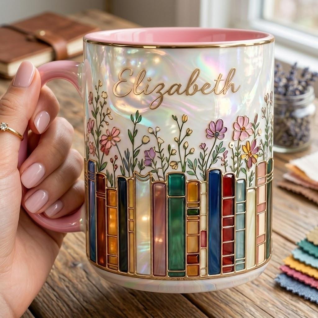 Personalized Floral Bookshelf Faux Stained-Glass Style  Mug, Book Lover Gift, 2D Flat Ceramic Mug - image 5