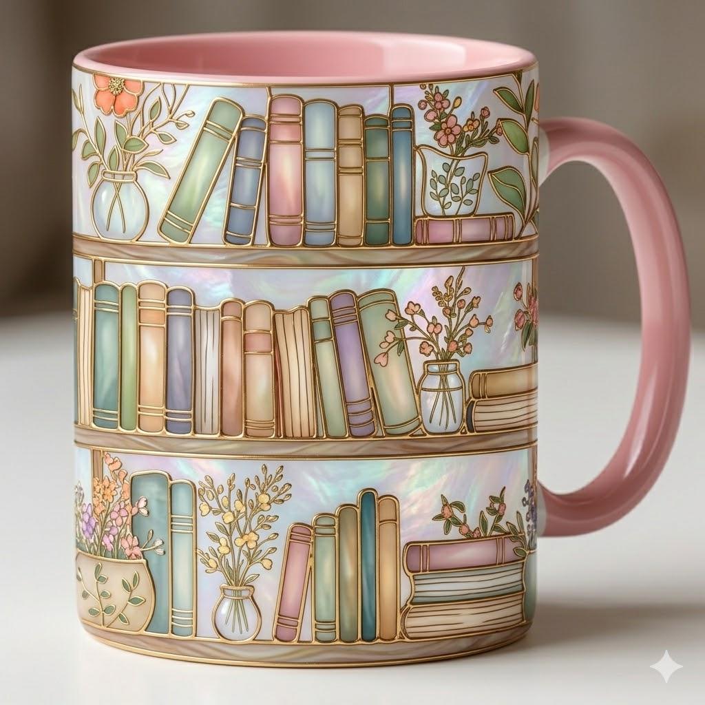 Custom Name Floral Bookshelf Faux Stained-Glass Style Mug, 2D Flat Book Lover Gift, Bookish Mug - image 4