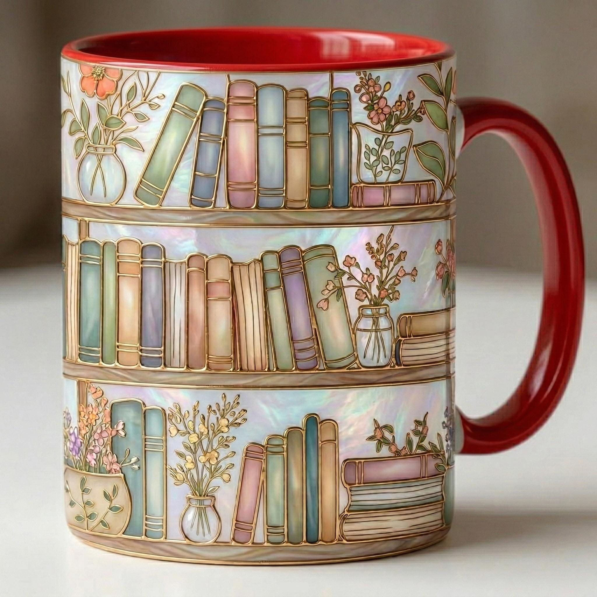 Custom Name Floral Bookshelf Faux Stained-Glass Style Mug, 2D Flat Book Lover Gift, Bookish Mug - image 2