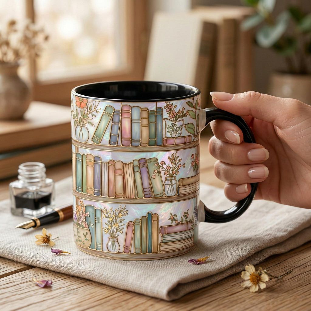 Custom Name Floral Bookshelf Faux Stained-Glass Style Mug, 2D Flat Book Lover Gift, Bookish Mug