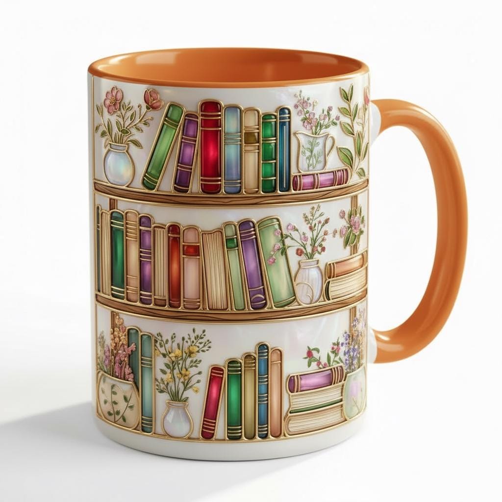 Personalized Floral Book Mug, Faux Stained-Glass Style Mug, Book Lover Gift, 2D Flat Ceramic Mug - image 2
