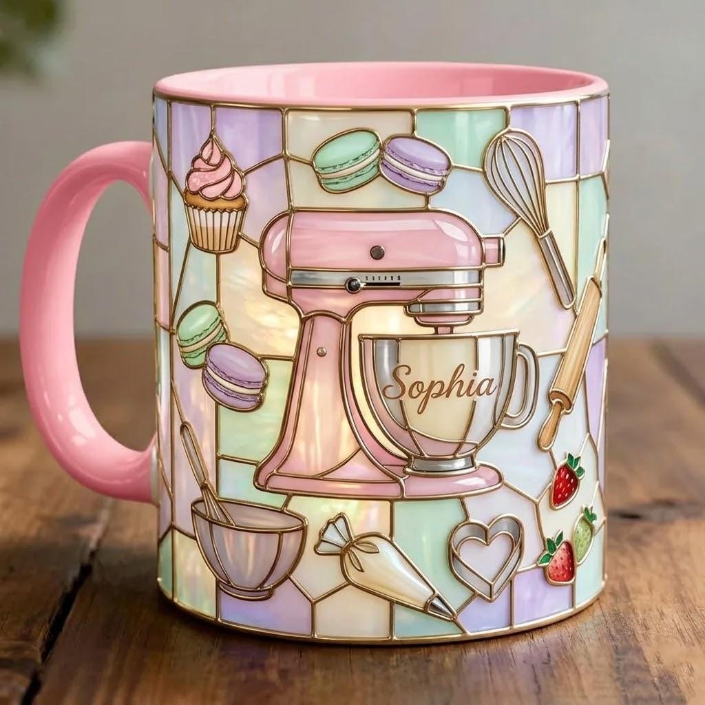 Personalized Baker Mug, Faux Stain-Glass Effect Baking Tools Design, Kitchen Gift - image 4