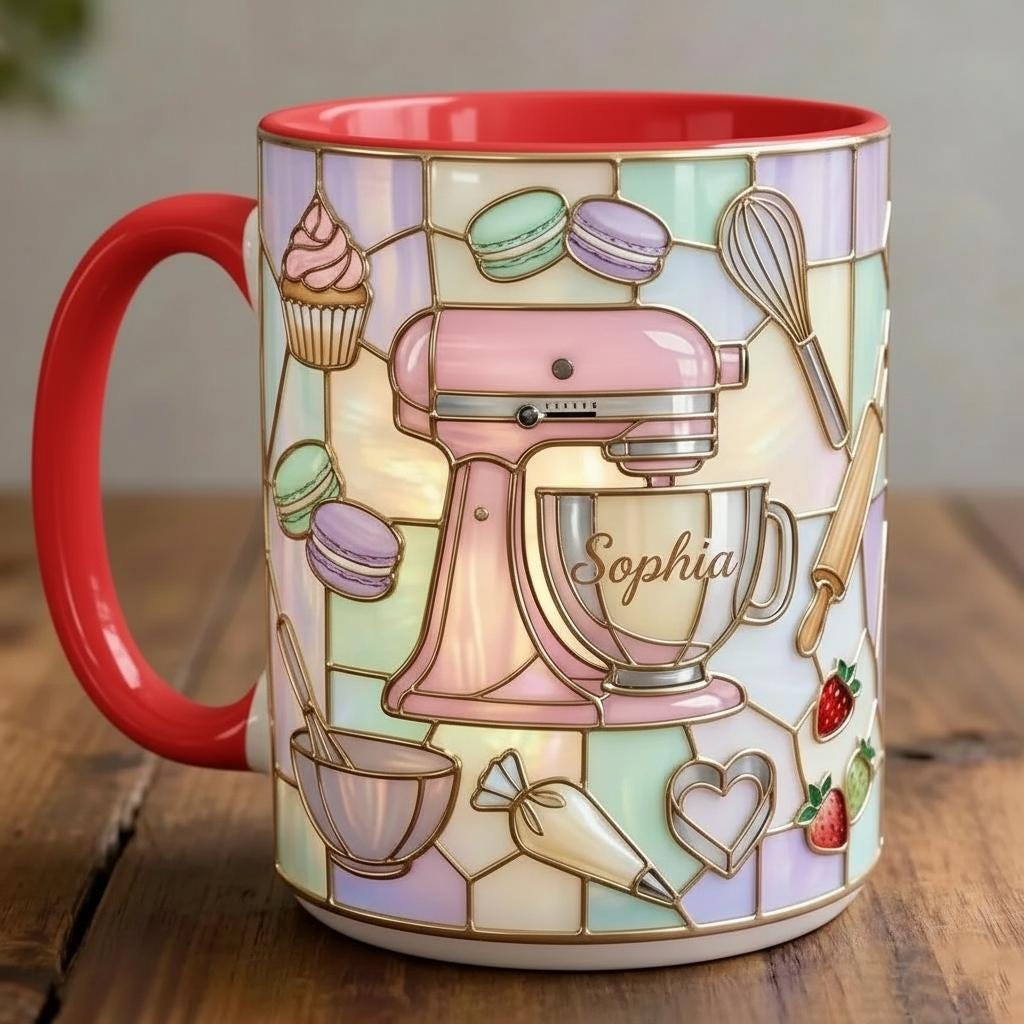 Personalized Baker Mug, Faux Stain-Glass Effect Baking Tools Design, Kitchen Gift - image 3