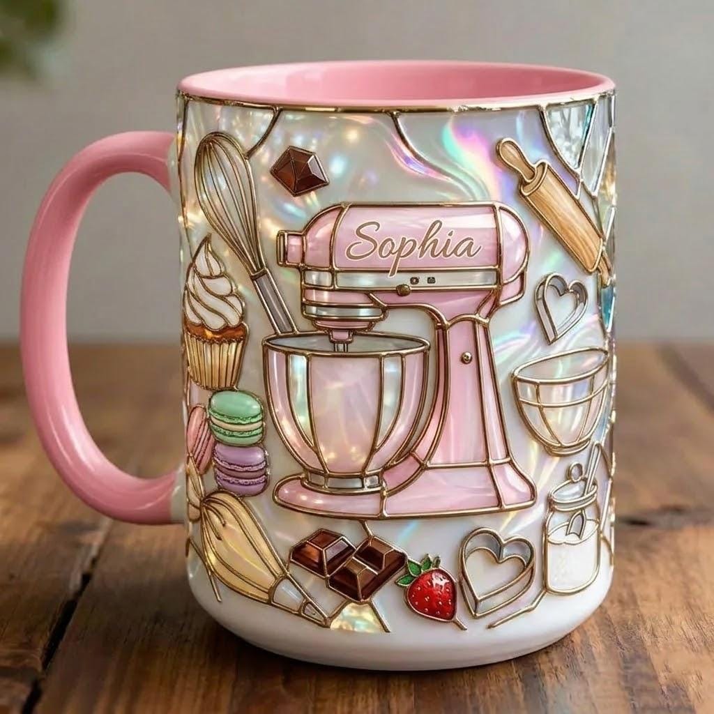 Personalized Baker Faux Stain-Glass Effect Mug, Baking Tools Design, Kitchen Gift