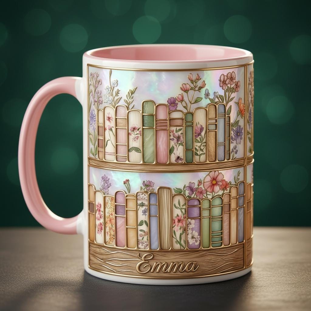 Personalized Floral Bookshelf Mug, 2D Flat Book Lover Gift, Bookish Mug, Faux Stained-Glass Style - image 2