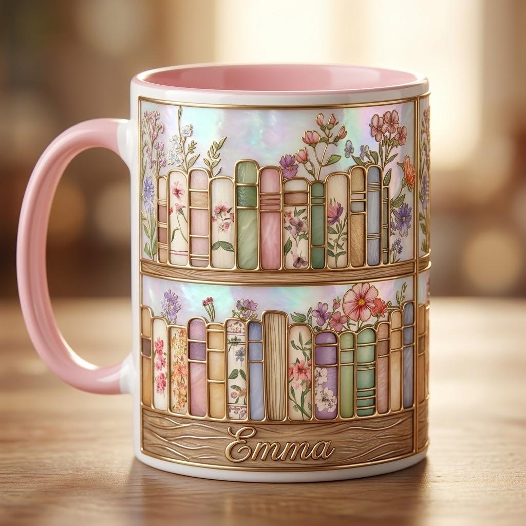 Personalized Floral Bookshelf Mug, 2D Flat Book Lover Gift, Bookish Mug, Faux Stained-Glass Style