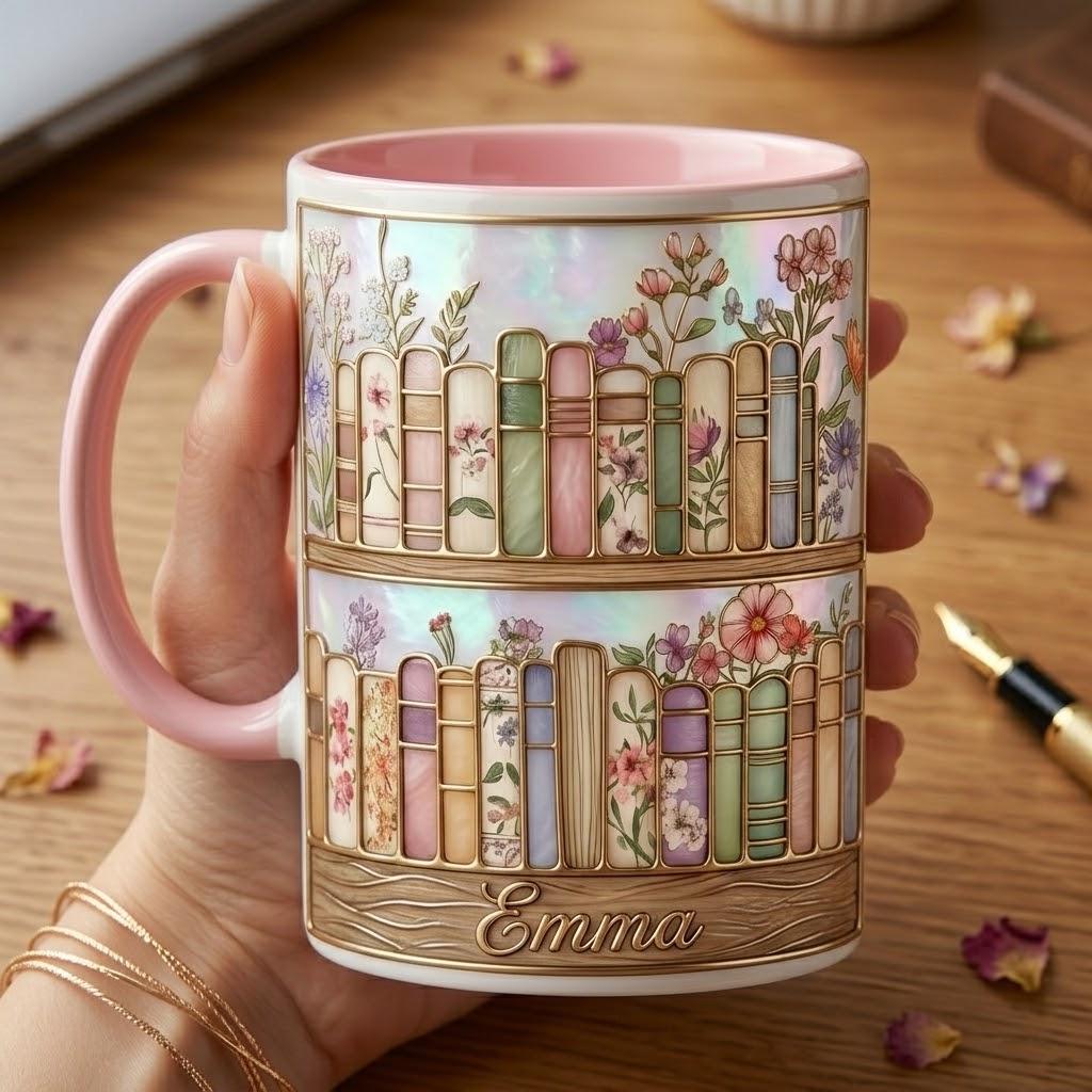 Personalized Floral Bookshelf Mug, 2D Flat Book Lover Gift, Bookish Mug, Faux Stained-Glass Style - image 3