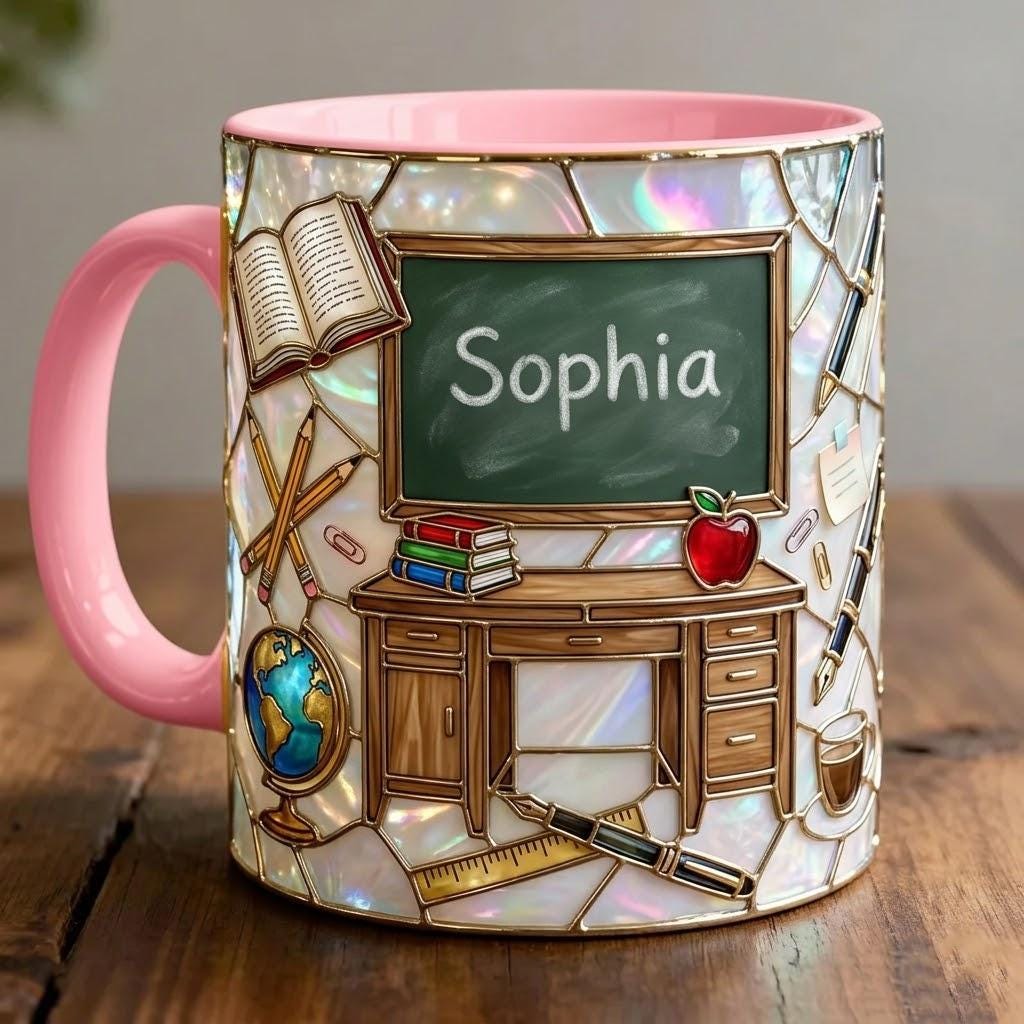Personalized Teacher Mug, 2D Flat Teacher Gift, Faux Stained-Glass Style - image 2