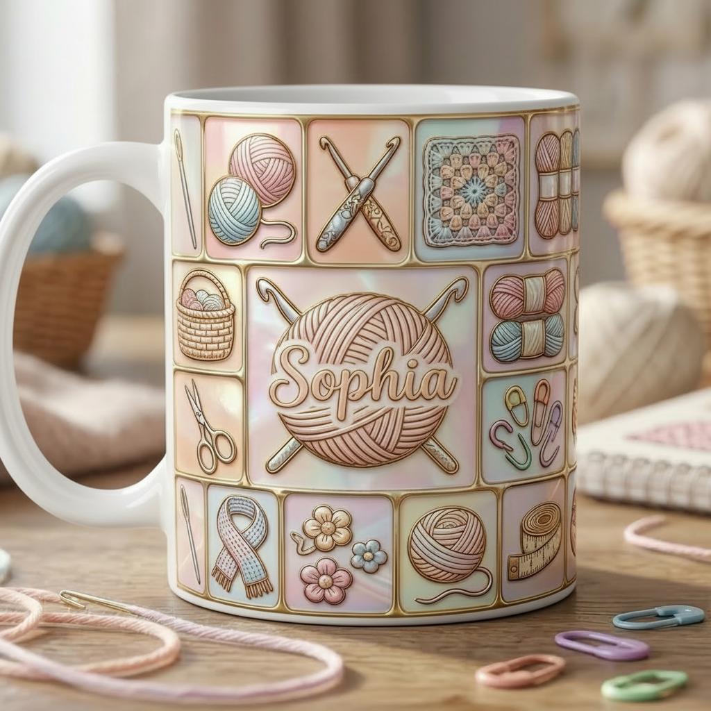 Custom Name Crochet Faux 3D Effect Mug, Knitting Lover Gift - image 2