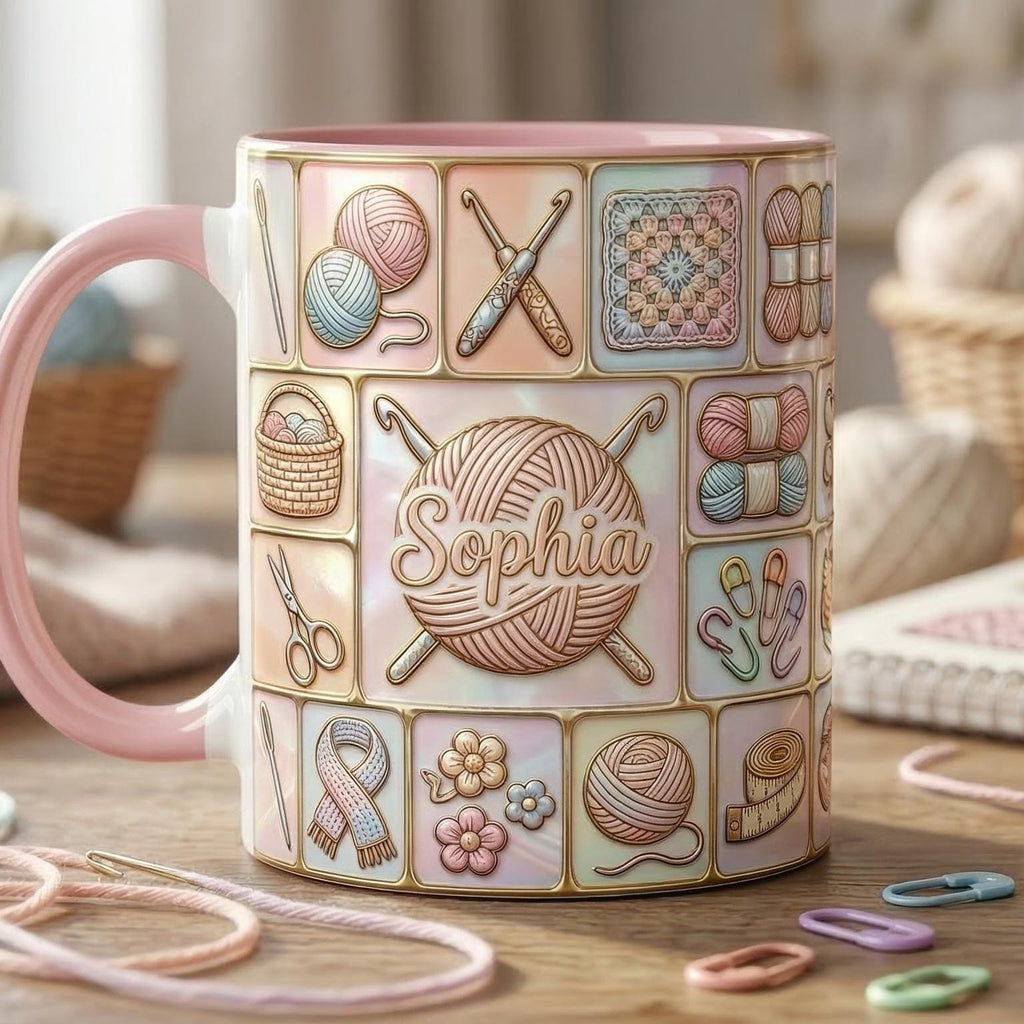 Custom Name Crochet Faux 3D Effect Mug, Knitting Lover Gift