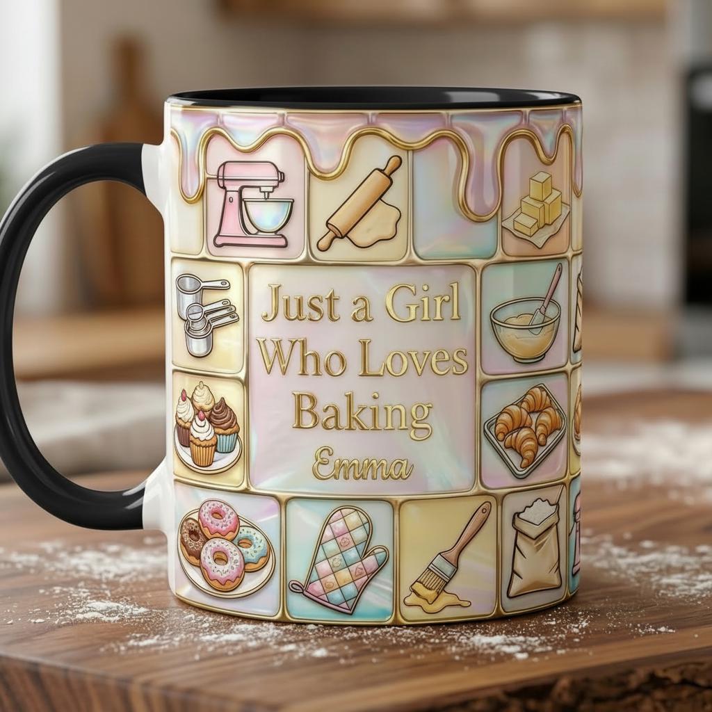 Custom Name Baker’s Dream Faux 3D Effect Mug, Just A Girl Who Loves Baking Mug, Baking Tools Design, Kitchen Baking Gift For Her - image 4