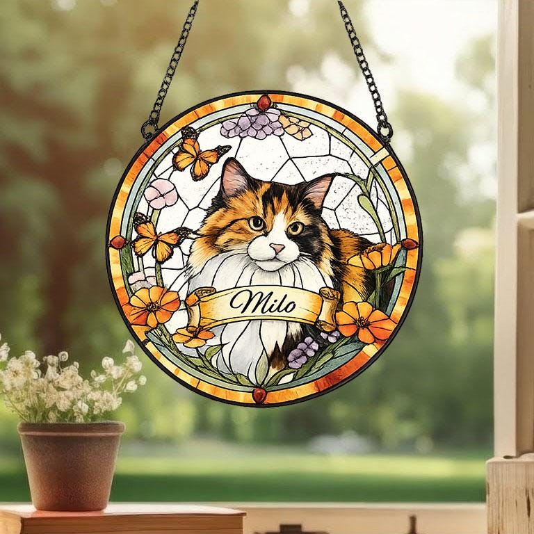 Custom Cat Portrait Stained Glass Suncatcher, Stained Glass pet Memorial, Custom cat Portrait from Photo, pet loss gifts , Stained glass cat