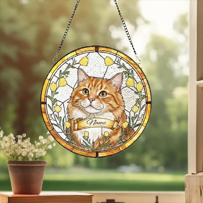 Custom Cat Portrait Stained Glass Suncatcher, Stained Glass pet Memorial, Custom cat Portrait from Photo, pet loss gifts, pet memorial gift