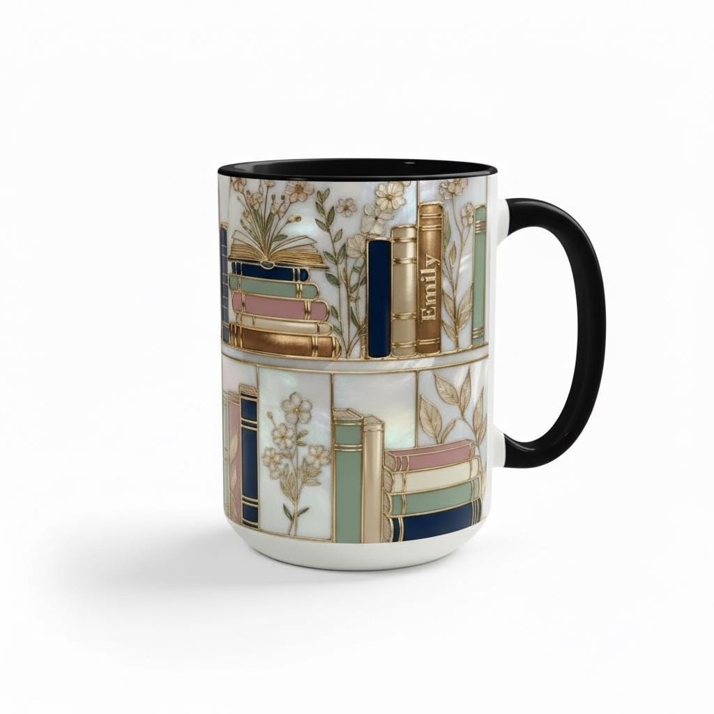 Personalized Floral Bookshelf Coffee Mug, Faux Stained Glass Style Ceramic Mug Book Lover gift - image 6