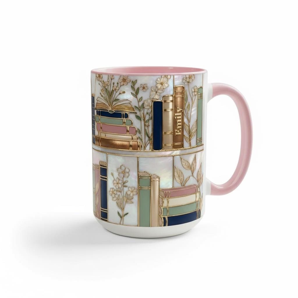 Personalized Floral Bookshelf Coffee Mug, Faux Stained Glass Style Ceramic Mug Book Lover gift - image 7