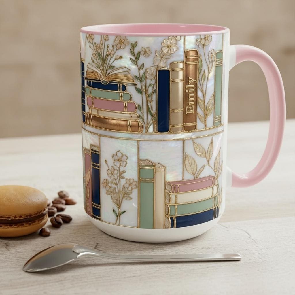 Personalized Floral Bookshelf Coffee Mug, Faux Stained Glass Style Ceramic Mug Book Lover gift
