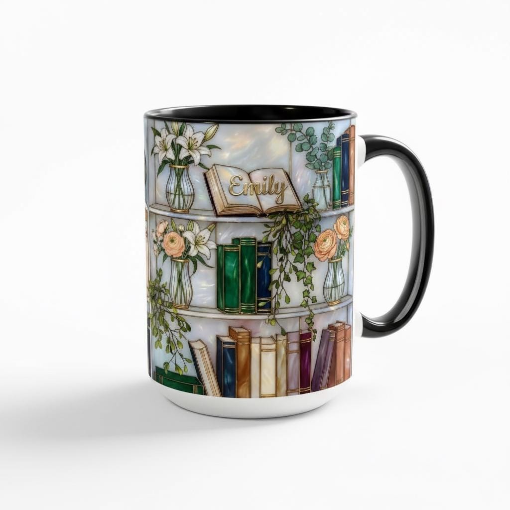 Personalized Floral Bookshelf Faux Stained Glass Style Mug, Ceramic Mug Book Lover gift - image 5
