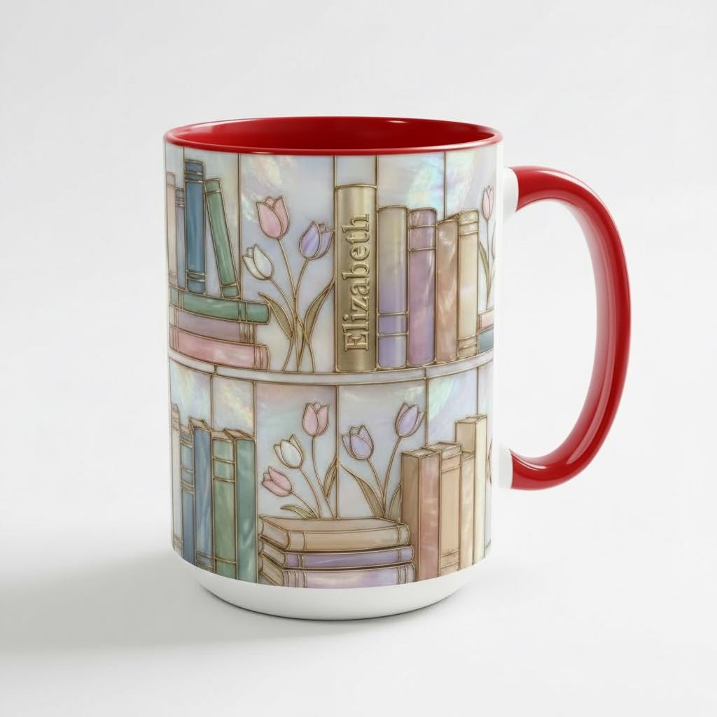Custom Name Floral Bookshelf Faux Stained Glass Style Mug, Ceramic Mug Book Lover gift - image 5
