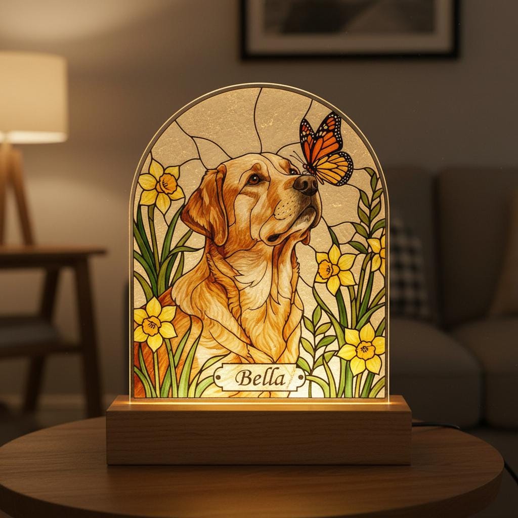 Custom Dog Memorial Acrylic Stained Glass Night Light, Personalized Bedroom LED Decor Sign,  Floral Pet Memorial Gift, Spring Home Decor