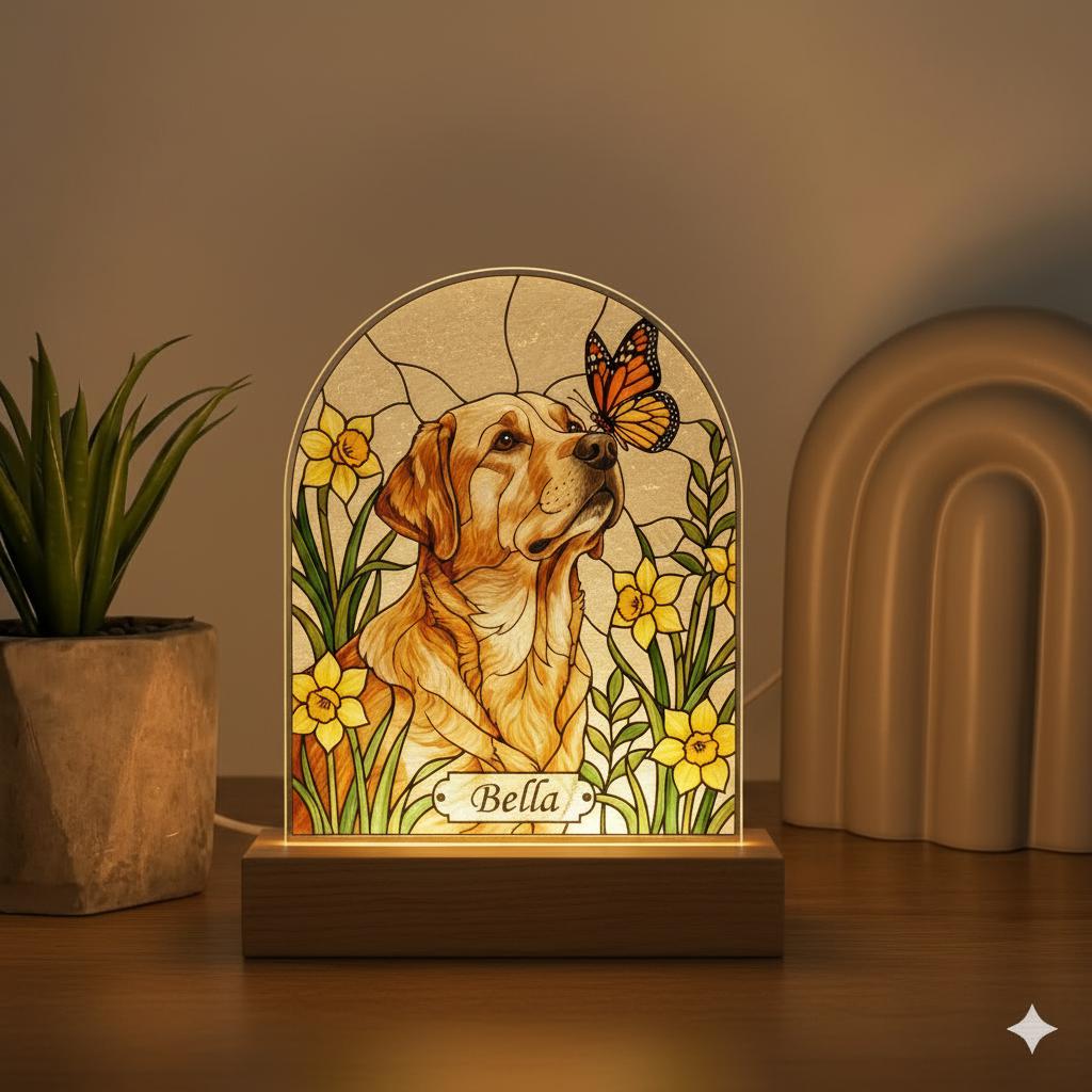 Custom Dog Memorial Acrylic Stained Glass Night Light, Personalized Bedroom LED Decor Sign,  Floral Pet Memorial Gift, Spring Home Decor - image 2