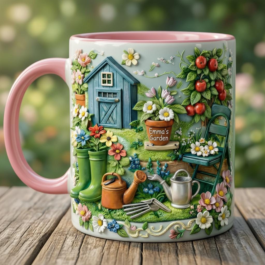 Personalized Gardening Accent Mug, Gift for Mom Grandma, Faux 3D Effect Mug, Mother's Day Gift