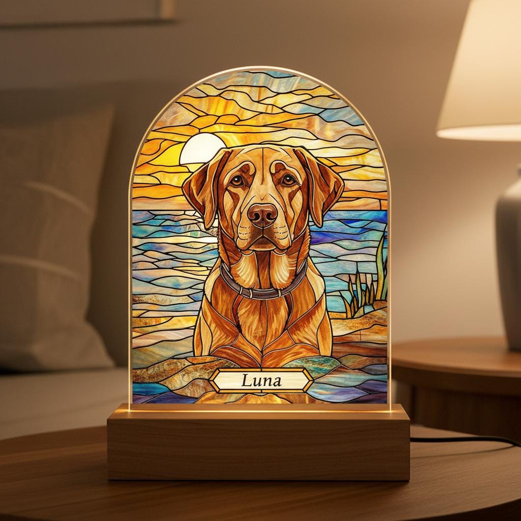 Personalized Dog Memorial Acrylic Stained Glass Night Light, Custom Pet Photo Gift, Bedroom LED Decor Sign, Dog Remembrance Gift