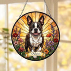Custom Boston Terrier  Wildflowers Glass Suncatcher: Dog Mom Window Decor
