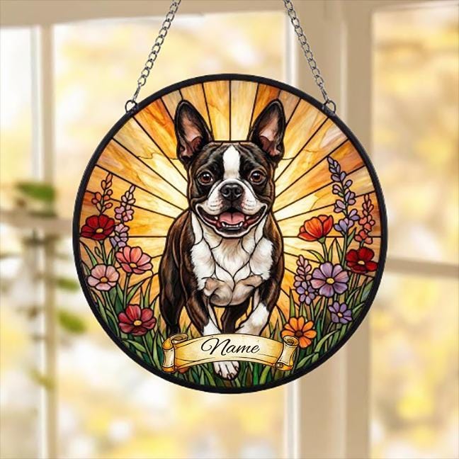 Custom Boston Terrier  Wildflowers Glass Suncatcher: Dog Mom Window Decor