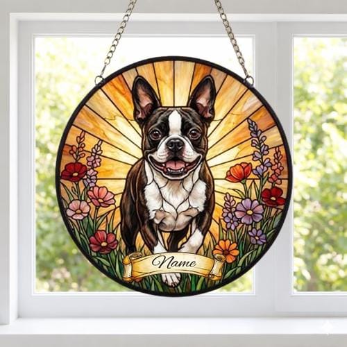 Custom Boston Terrier  Wildflowers Glass Suncatcher: Dog Mom Window Decor - image 2