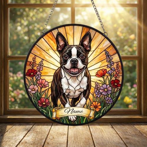 Custom Boston Terrier  Wildflowers Glass Suncatcher: Dog Mom Window Decor - image 3