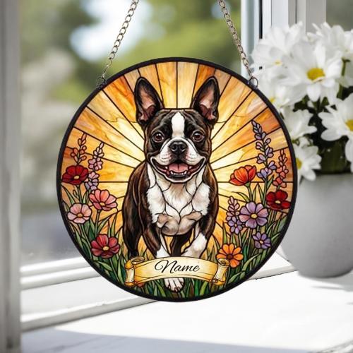 Custom Boston Terrier  Wildflowers Glass Suncatcher: Dog Mom Window Decor - image 4