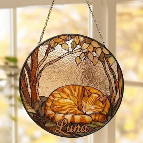 Custom Orange Cat Sleeping Stained Glass Suncatcher: Cat Lover Gift - image 5