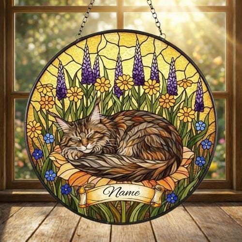 Maine Coon cat Stained Glass Suncatcher, Sleeping Cat Window Decor, Cat Lover Gift, Floral Glass Art Panel, Handmade Pet Memorial Gift - image 3