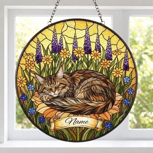 Maine Coon cat Stained Glass Suncatcher, Sleeping Cat Window Decor, Cat Lover Gift, Floral Glass Art Panel, Handmade Pet Memorial Gift - image 2
