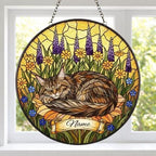 Maine Coon cat Stained Glass Suncatcher, Sleeping Cat Window Decor, Cat Lover Gift, Floral Glass Art Panel, Handmade Pet Memorial Gift - image 2