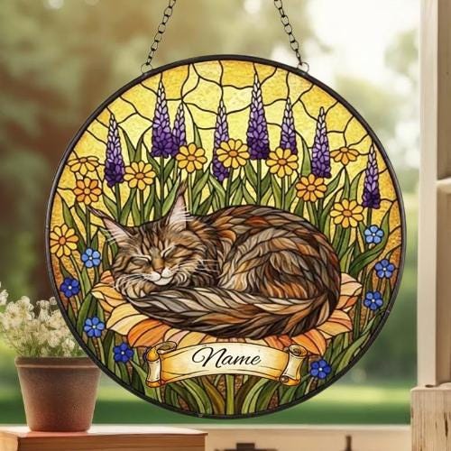 Maine Coon cat Stained Glass Suncatcher, Sleeping Cat Window Decor, Cat Lover Gift, Floral Glass Art Panel, Handmade Pet Memorial Gift - image 4