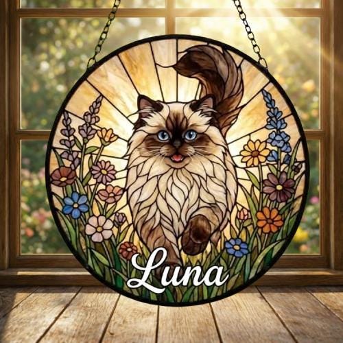 Custom Himalayan cat   Wildflowers Glass Suncatcher: Cat Mom Window Decor - image 2