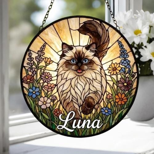 Custom Himalayan cat   Wildflowers Glass Suncatcher: Cat Mom Window Decor - image 3