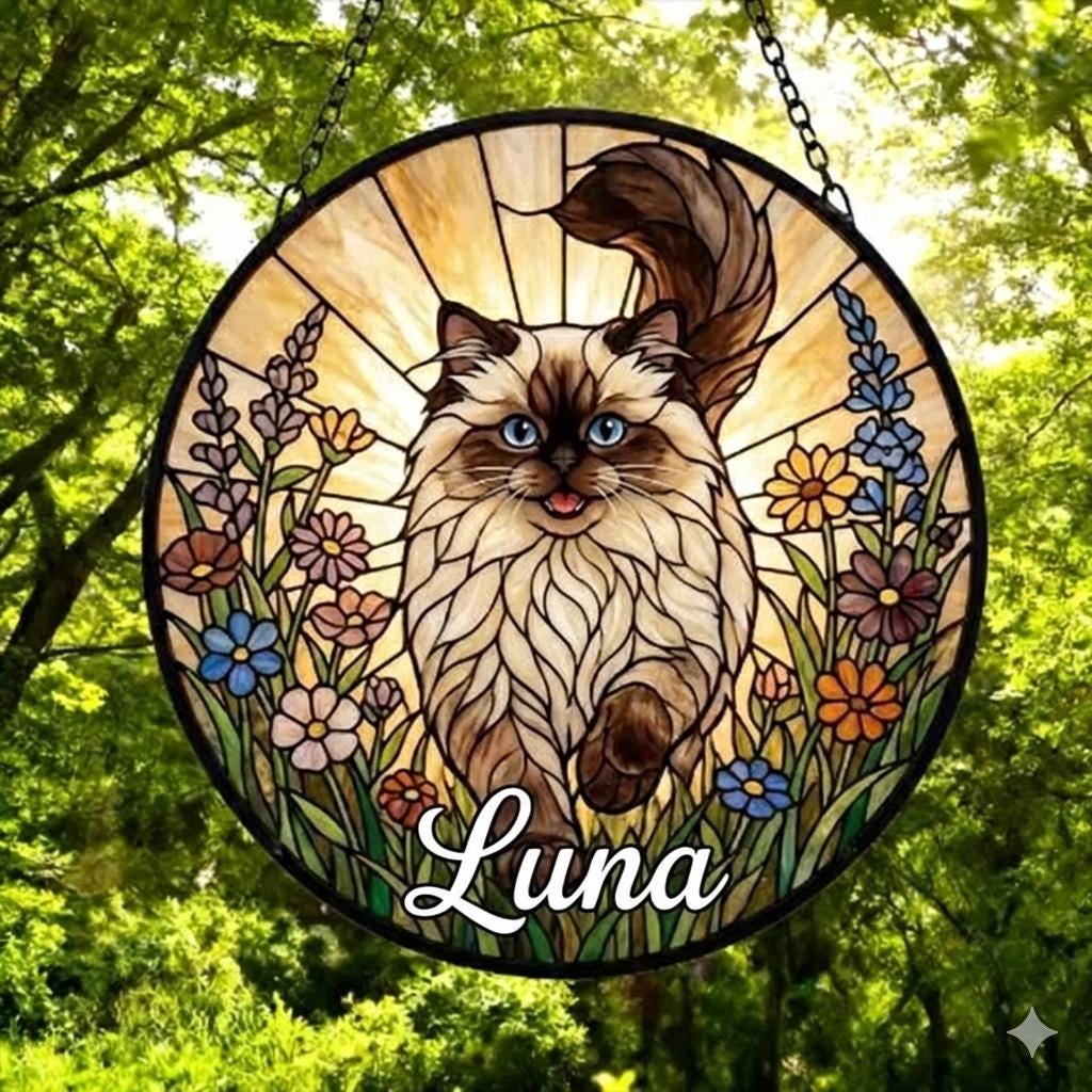 Custom Himalayan cat   Wildflowers Glass Suncatcher: Cat Mom Window Decor