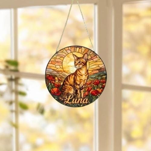 Custom Cat Stained Glass Suncatcher, Mothers Day Gift For Mom, Poppies Flower Suncatcher, Oriental Shorthair Hanging Window, Cat Lover Gift - image 4
