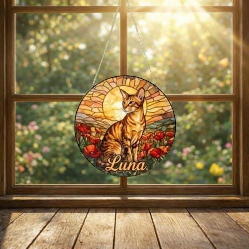 Custom Cat Stained Glass Suncatcher, Mothers Day Gift For Mom, Poppies Flower Suncatcher, Oriental Shorthair Hanging Window, Cat Lover Gift - image 3