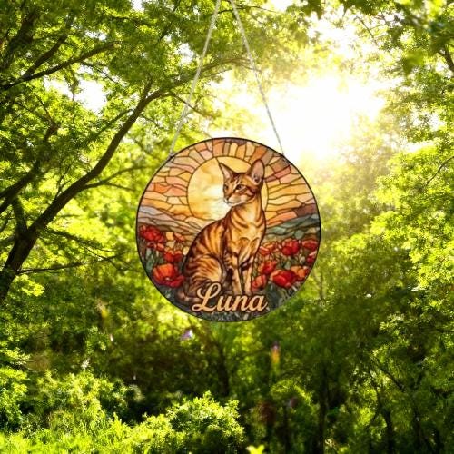 Custom Cat Stained Glass Suncatcher, Mothers Day Gift For Mom, Poppies Flower Suncatcher, Oriental Shorthair Hanging Window, Cat Lover Gift - image 2