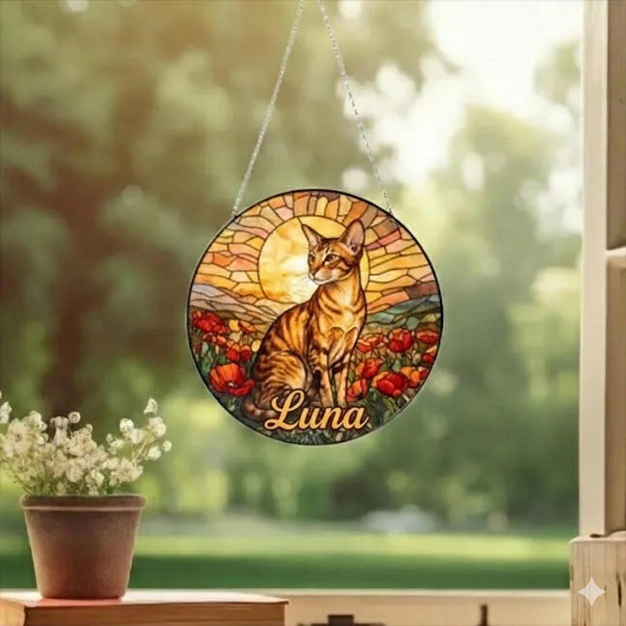 Custom Cat Stained Glass Suncatcher, Mothers Day Gift For Mom, Poppies Flower Suncatcher, Oriental Shorthair Hanging Window, Cat Lover Gift