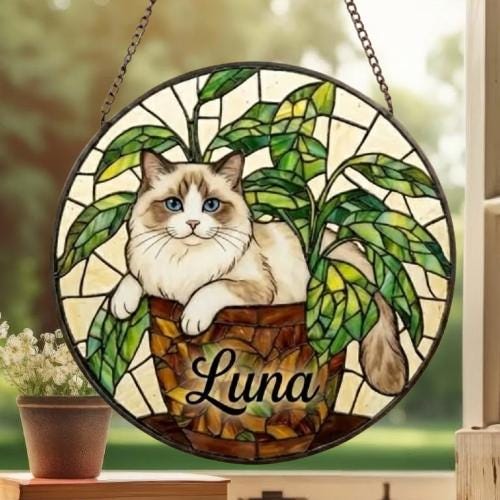 Custom Ragdoll  Cat Stained Glass Window Hanging for Plant Lovers, Cozy Sunlit Home and Garden Decor, gift for cat lover - image 5