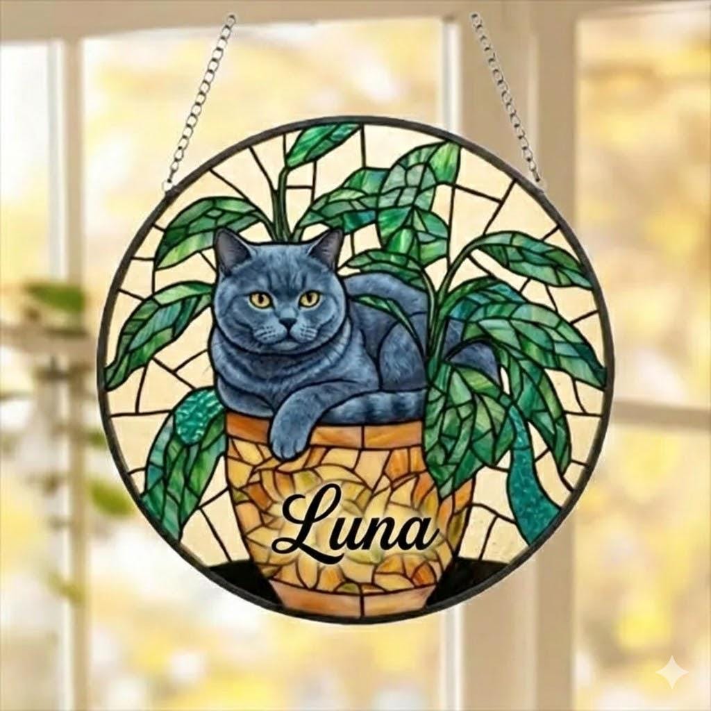 Custom British Shorthair Cat Stained Glass Window Hanging for Plant Lovers, Cozy Sunlit Home and Garden Decor, gift for cat lover